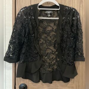 R & M Richard’s Petite Womens Black Lace Open Front Jacket Size 8P